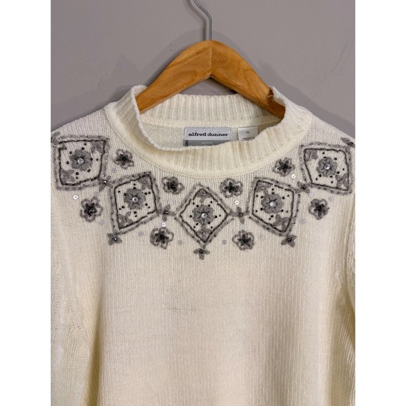 Alfred Dunner Petite Mock Neck Embellished Sweater Cream Ivory Beaded Sequins PL - Picture 2 of 4